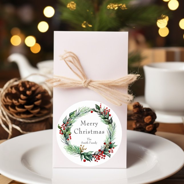 Sticker Rond Festive Festive Berry Wreath avec nom (Créateur téléchargé)