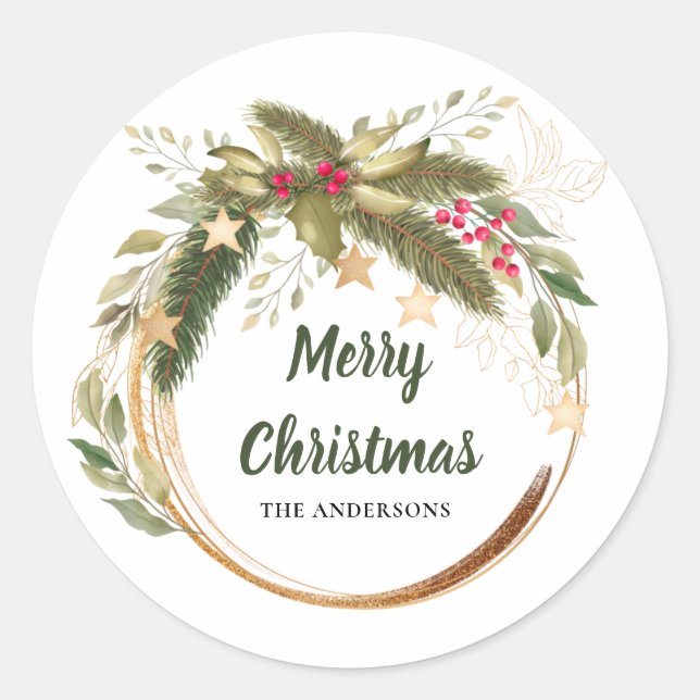Sticker Rond Festive Fête de Noël Végétation Nom de famille (Devant)