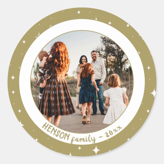 Sticker Rond Festive Golden Stars Photo Famille de Noël (Devant)