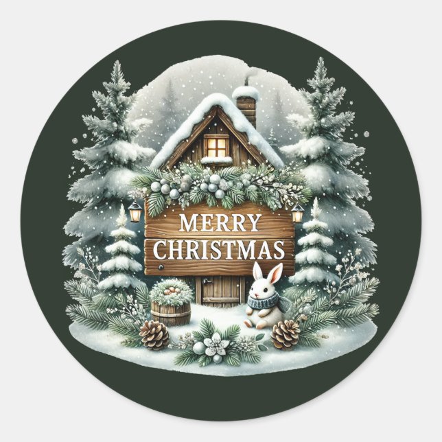 Sticker Rond Festive Joyeux Noël Maison de campagne (Devant)