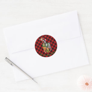 Sticker Rond Festive vacances safari amis, rouge noir plaid