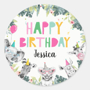 Sticker Rond Fête Animaux Fille Safari Animaux Anniversaire Fêt