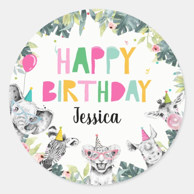 Sticker Rond Fête Animaux Fille Safari Animaux Anniversaire Fêt (Devant)