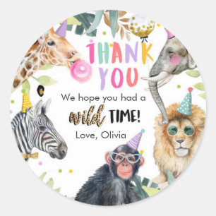 Sticker Rond Fête Animaux Safari Fille Merci rose Temps sauvage