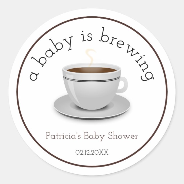 Sticker Rond Fête Baby Shower "Un bébé prépare du thé" (Devant)