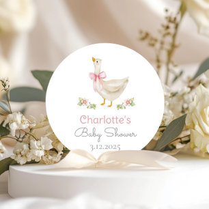 Sticker Rond Fête bébé : Bébé Fille Arc Rose Oie Rigolote en Li