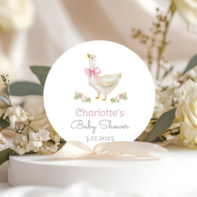 Sticker Rond Fête bébé : Bébé Fille Arc Rose Silly Goose en lib (Créateur téléchargé)