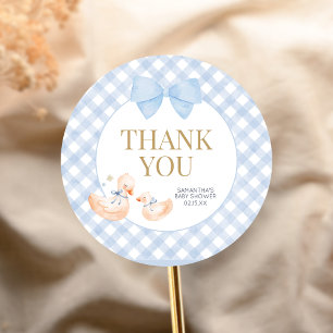 Sticker Rond Fête bébé Silly Goose à carreaux bleus