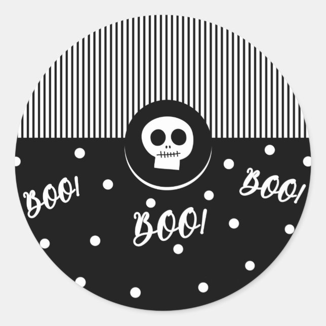 Sticker Rond Fête Blanc et Noir Crâne Fou d'Halloween (Devant)
