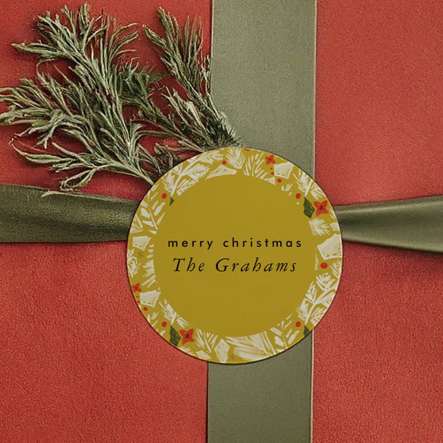 Sticker Rond Fête botanique festive jaune (Yellow Festive Botanical Holiday Classic Round Sticker)