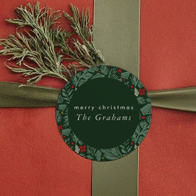 Sticker Rond Fête botanique festive verte (Green Festive Botanical Holiday Classic Round Sticker)