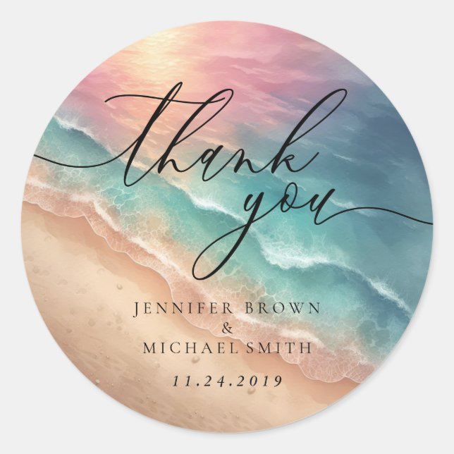 Sticker Rond Fête Branding Pink Beach Ocean Merci (Devant)