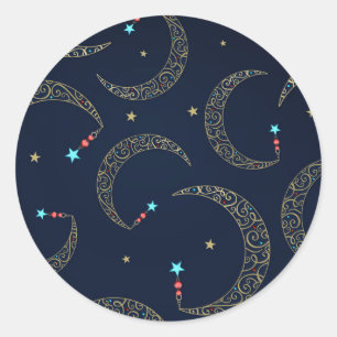 Sticker Rond Fête Céleste Lune Filigrane Or Bleu Mystique