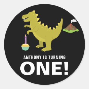 Sticker Rond Fête d'anniversaire 1ère année dinosaure noir et b