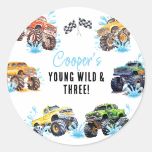 Sticker Rond Fête d'anniversaire 3 ans de camion monstre fun da