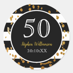 Sticker Rond Fête d'anniversaire 50 ans  Paillettes noires blan