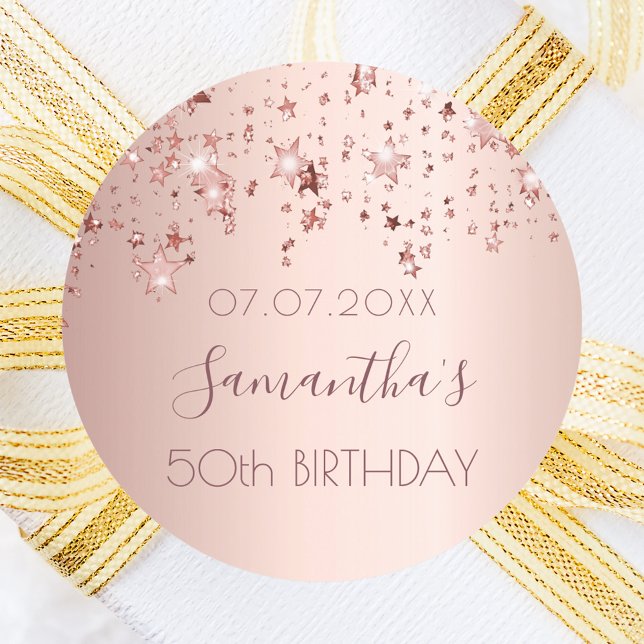 Sticker Rond fête d'anniversaire 50 étoiles roses or brillant (Créateur téléchargé)