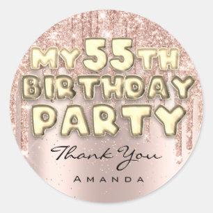 Sticker Rond Fête d'anniversaire 55 ans Nom Paillettes Gouttes 