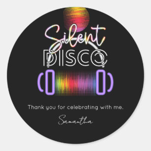 Sticker Rond Fête d'anniversaire adulte avec casque néon disco 