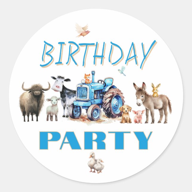 Sticker Rond Fête d'anniversaire Animaux de la ferme Tracteur B (Devant)