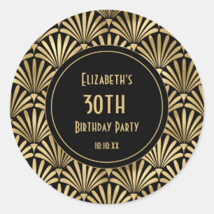 Sticker Rond Fête d'anniversaire Art déco noir et or pour les 3