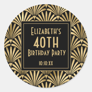 Sticker Rond Fête d'anniversaire Art Déco noir or des années 19