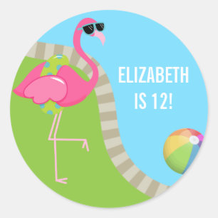 Sticker Rond Fête d'anniversaire au bord de la piscine Flamant 