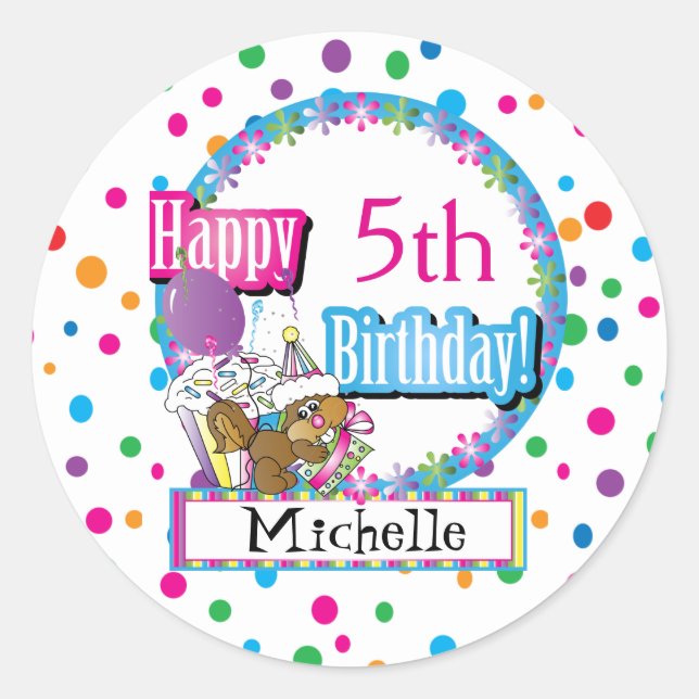 Sticker Rond Fête d'anniversaire avec mignon écureuil en carica (Devant)