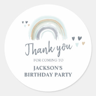 Sticker Rond Fête d'anniversaire bleu boho arc-en-ciel Merci