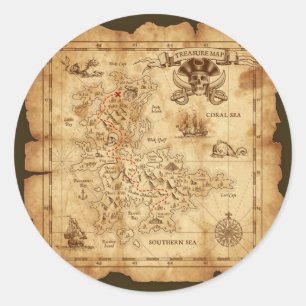 Sticker Rond Fête d'anniversaire carte au trésor vintage Pirate