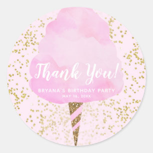 Sticker Rond Fête d'anniversaire confetti doré et barbe à papa 