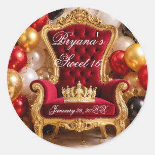 Sticker Rond Fête d'anniversaire Couronnée de Chaise Royale en 