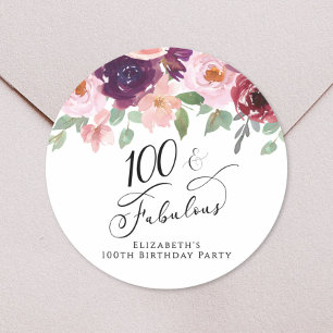 Sticker Rond Fête d'anniversaire de 100 ans élégante aquarelle 