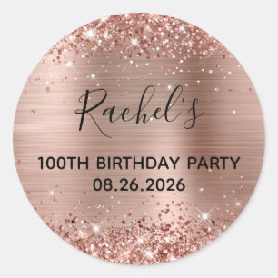 Sticker Rond Fête d'anniversaire de 100 ans pailletée or rose