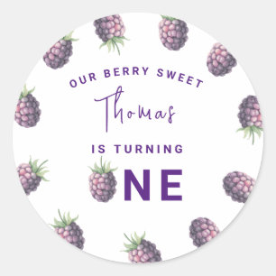 Sticker Rond Fête d'anniversaire de 1 an avec des mûres à l'aqu