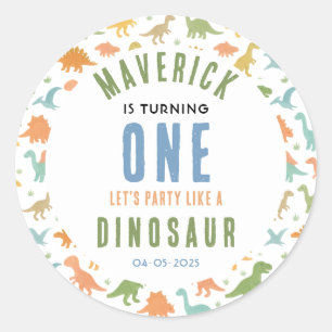 Sticker Rond Fête d'anniversaire de 1 an de dinosaure Préhist