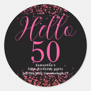 Sticker Rond Fête d'anniversaire de 50 ans rose vif faux paille
