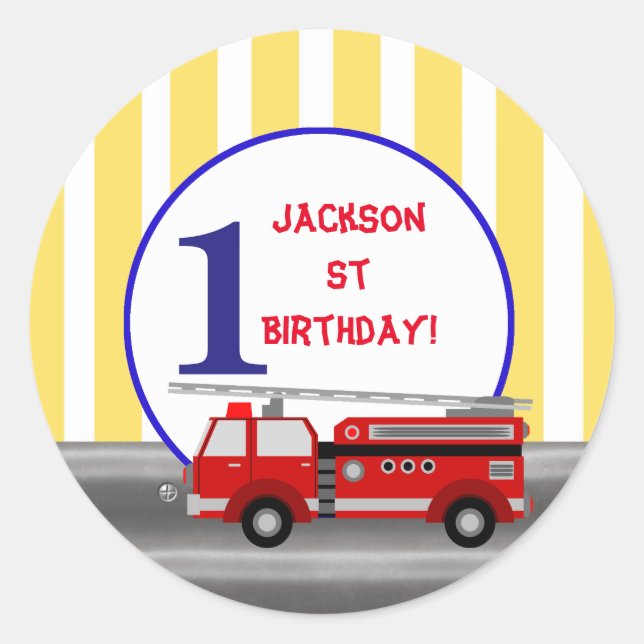 Sticker Rond Fête d'anniversaire de camion d'incendie (Devant)