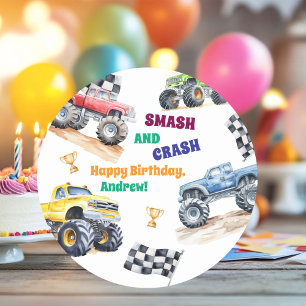Sticker Rond Fête d'anniversaire de camions monstres amusants 