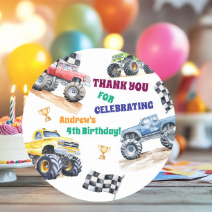 Sticker Rond Fête d'anniversaire de camions monstres amusants 
