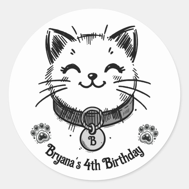 Sticker Rond Fête d'anniversaire de chaton Kitty noire  (Devant)