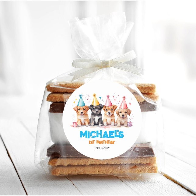 Sticker Rond Fête d'anniversaire de Chien Chien Chien Paw-ty (Créateur téléchargé)