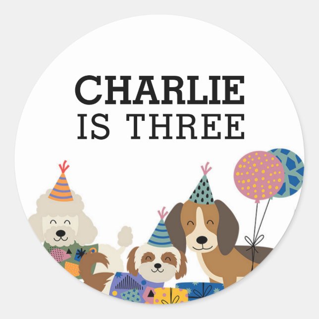 Sticker Rond Fête d'anniversaire de chien chiot Let's Pawty (Devant)