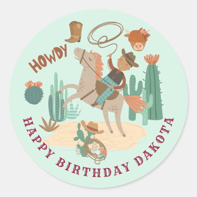 Sticker Rond Fête d'anniversaire de Cowboy (Devant)