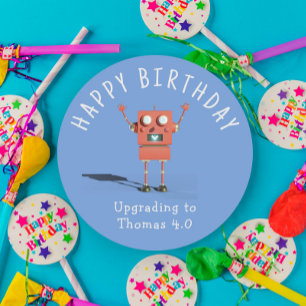 Sticker Rond Fête d'anniversaire de enfants robot 3D rouge