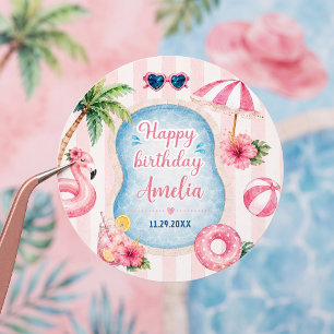 Sticker Rond Fête d'anniversaire de fille à thème piscine avec