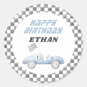 Sticker Rond Fête d'anniversaire de voiture de course bleue à c