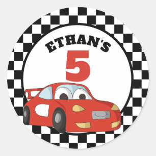 Sticker Rond Fête d'anniversaire de voiture de course rouge noi