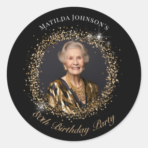 Sticker Rond Fête d'anniversaire des 80 ans Photo Or Noir Paill