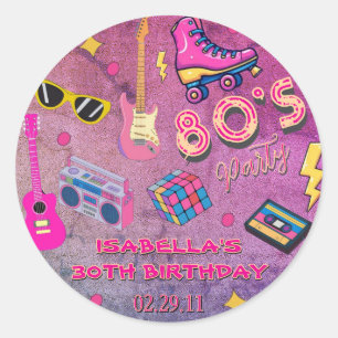 Sticker Rond Fête d'anniversaire des années 80 Retro rose viole